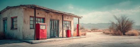 Rustic fuel station rests quietly in the desert, surrounded by arid landscapes and highlighted by dramatic color tones under a vast skyの素材