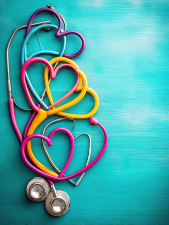 A vibrant stethoscope arranged in the shape of a heart, set against a bright teal background, representing dedication and love in the medical fieldの素材