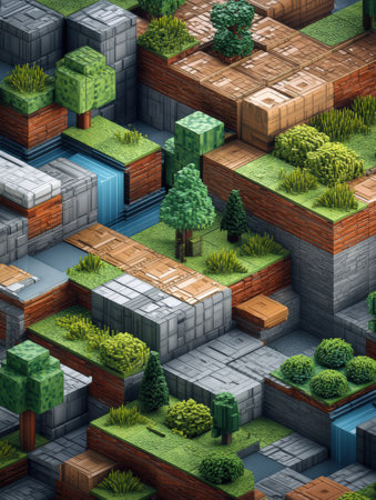 A colorful minimal pixel art world features lush greenery, flowing water, and well-organized structures in a charming 3D landscape that invites exploration.の素材