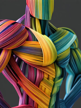 Bright rainbow ribbons are intricately woven to create an abstract representation of a muscular form, embodying themes of strength and wellness.の素材