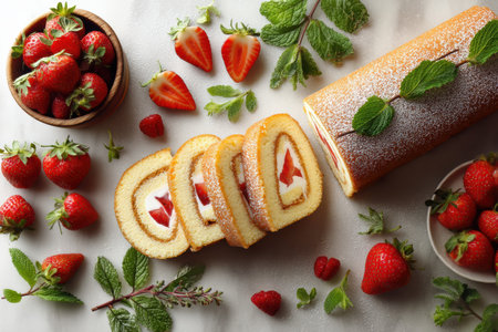 Swiss roll cake is sliced to reveal a strawberry filling, surrounded by fresh strawberries and mint leaves on a marble surface, creating a vibrant flatlay.の素材