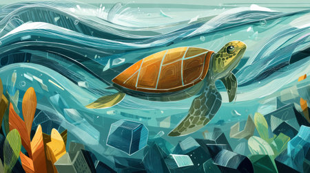 A sea turtle gracefully swims amidst floating trash, showcasing the stark contrast between marine life and pollution in a colorful ocean environment.の素材