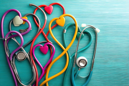 A vibrant arrangement of stethoscopes twists into heart shapes, set on a striking teal background, symbolizing care and compassion in healthcare.の素材