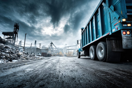 A garbage truck is unloading waste at an industrial site while dark clouds loom overhead, creating a dramatic atmosphere during the day.の素材