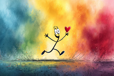 A joyful heart character dashes through a swirl of colorful mist, embodying happiness and excitement in a lively and enchanting setting.の素材