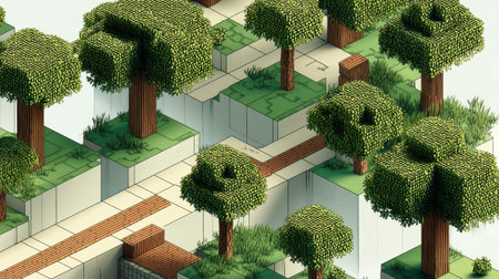 A vibrant pixel art landscape features cubic trees and a tidy path, inviting exploration in a serene, sunlit environment.の素材