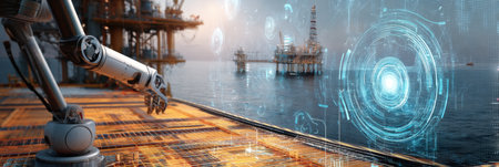 Robot conducts inspection on an oil rig, employing holographic technology to gather and analyze data as the sun sets over the waterway.の素材