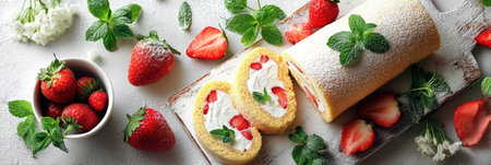 Sliced Swiss roll cake cream features strawberry filling and fresh mint, surrounded by vibrant strawberries and mint leaves on a clean flat surface.の素材