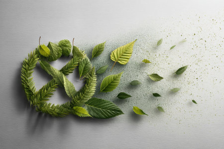 A no-smoking symbol made of various leaves blends with particles representing clean air, promoting a message of environmental health and protection.の素材