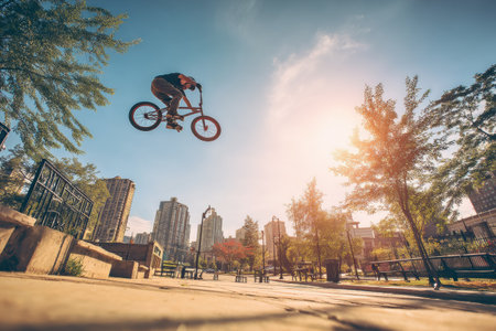 A BMX biker flips mid-air over a park feature, displaying agility and style against a sunlit urban backdrop.の素材