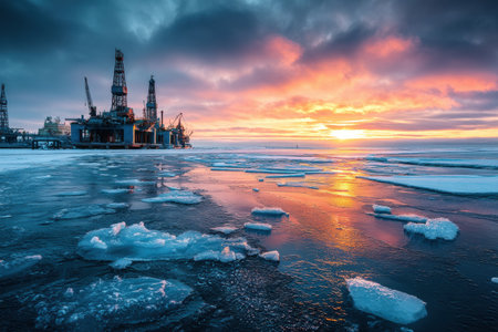 Drilling platform functions in the Arctic, surrounded by ice floes, while a colorful sunrise paints the sky in warm hues, reflecting on the icy waters.の素材