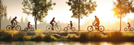 Active family biking and walking on a sunny day, enjoying quality time together on a path near the water surrounded by trees and greenery.の素材