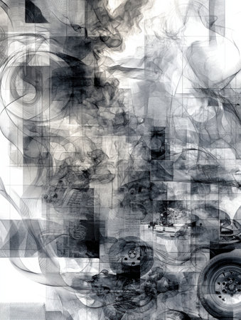 Collage captures the essence of speed and power with swirling smoke, intricate tire designs, and engine elements blending into a lively composition.の素材