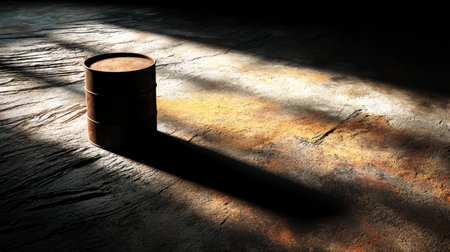A barrel stands alone on a textured surface, elongated shadow stretching across the ground as warm afternoon light filters through.の素材