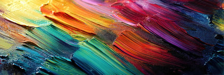 Vibrant acrylic paint forms dynamic brush strokes on canvas, presenting a rich array of colors and textures that evoke creativity and artistic expression.の素材