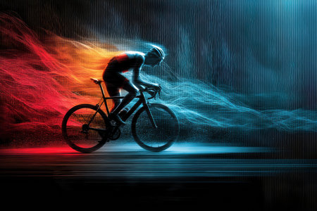 A cyclist adopts an aerodynamic position while pedaling fiercely, surrounded by vibrant colors and dynamic trails that express immense energy and motion.の素材