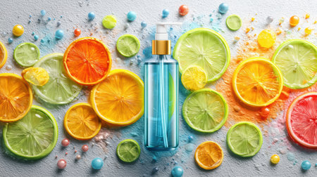 A hand sanitizer pump stands out among colorful citrus slices, creating a fresh and clean atmosphere.の素材