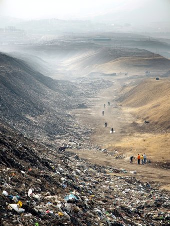 A vast landfill stretches endlessly as workers in the foreground meticulously clean and sort through various waste materials in a foggy environment.の素材