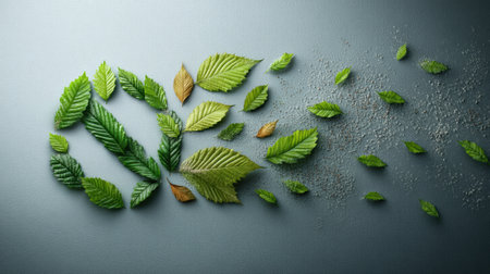 Leaves are arranged to form a no-smoking sign, blending nature with a message about cleanliness and fresh air, promoting awareness for healthier environments.の素材