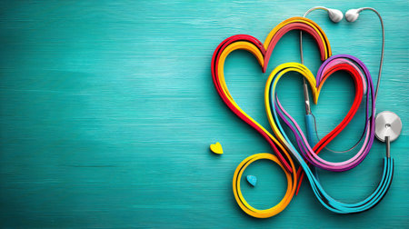 A bright teal background showcases a colorful stethoscope twisted into a heart shape, symbolizing love and dedication in healthcare and wellness.の素材
