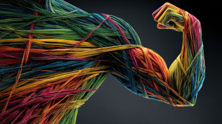 An intricate design showcases an abstract muscle form crafted from colorful rainbow ribbons, symbolizing strength and wellness in a striking manner.の素材