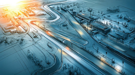 A racing circuit comes alive with glowing hues at sunset, showcasing winding tracks and surroundings, blending nature and motor sport in a unique perspective.の素材