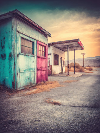 A deserted fuel station in the desert showcases vintage architecture and colorful tones as the sun sets, creating an atmospheric and serene environment.の素材