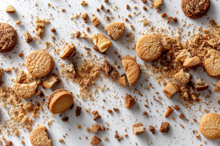 Crumbled cookies are arranged in a visually striking layout on a pristine surface, showing the delightful chaos of baked treats.の素材