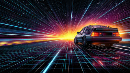A retro 80s synthwave car races across a glowing grid in a dynamic scene filled with stars and a colorful sunset backdrop, capturing high-energy nostalgia.の素材