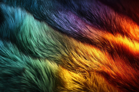 Close-up of a furry fabric featuring an array of vivid rainbow colors, highlighting the texture and softness, perfect for artistic projects and design ideas.の素材