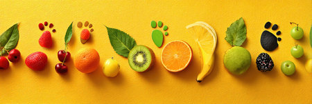 Colorful footprints shaped like various fruits create a lively trail on a bright background, symbolizing a journey towards health and wellness through nature.の素材