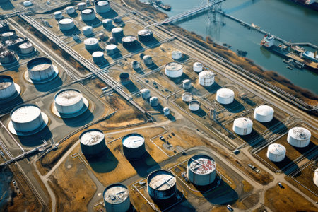 Aerial perspective of an oil terminal showing numerous storage tanks with a geometric arrangement adjacent to a waterway under clear weather conditions.の素材