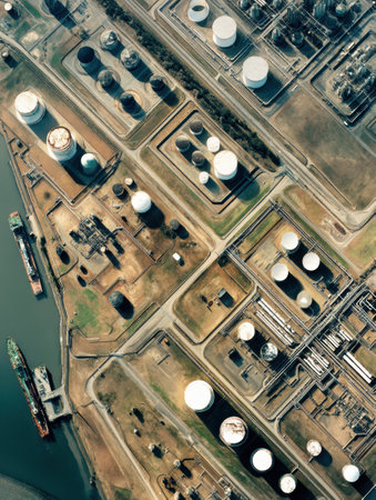 Extensive layout of oil storage tanks and industrial facilities observed from above, highlighting geometric patterns along a nearby river or canal.の素材