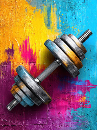 A clean dumbbell hovers above a dynamic splash of bright paint, blending fitness and artistic expression in a lively and colorful setting.の素材