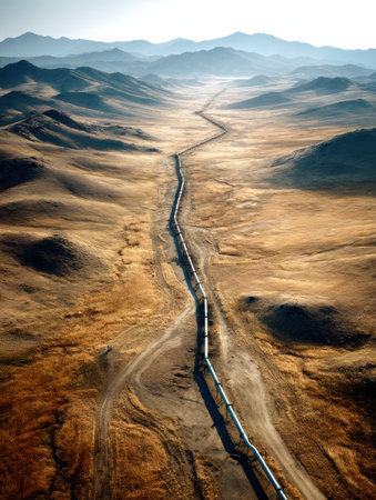 Aerial view reveals a long oil pipeline traversing a barren desert terrain, highlighting the contrast between human engineering and stunning natural geography.の素材
