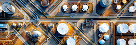 Aerial perspective captures detailed layout of storage tanks at an oil terminal, emphasizing geometric structures and organized pathways during morning light.の素材