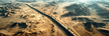 Oil pipeline can be seen stretching across the dry desert terrain, surrounded by mountains and sandy plains under bright sunlight and clear skiesの素材