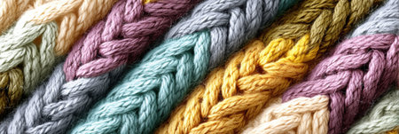 Texture of knitted wool in soft pastel shades reveals cozy tactile details that express warmth and comfort, perfect for handmade crafts or cozy decor.の素材