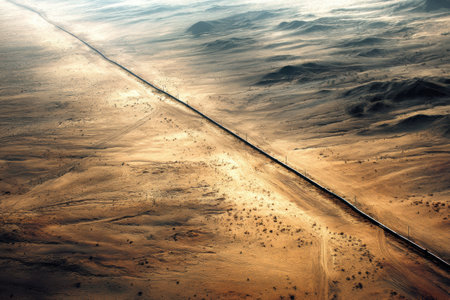 An oil pipeline stretches across a desert landscape, highlighting the arid environment and rocky terrain from an aerial view during the day.の素材