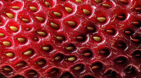 Close-up reveals the textured surface of a ripe strawberry, highlighting its vibrant red color and the tiny seeds embedded within.の素材