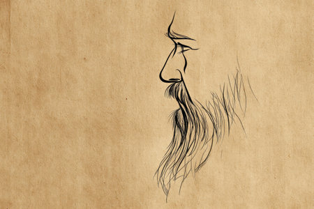 This artwork features a minimalistic line drawing of a beard set against a textured craft paper background, highlighting simplicity in design and artistry.の素材
