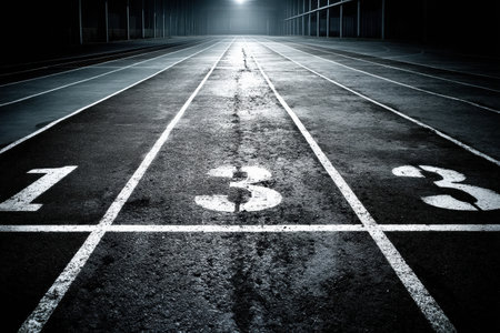 Track lanes featuring numbers 1 to 3 are illuminated by soft light, creating a minimalist atmosphere with light shadows in an indoor sports facility.の素材