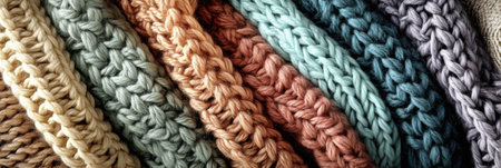 Knitted wool strands in soft pastel shades create a textured surface, inviting touch and warmth, showing intricate patterns of craftsmanship.の素材