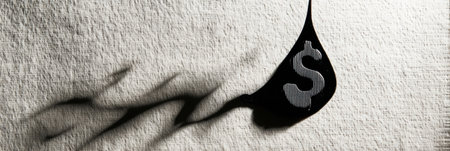 A black droplet casts a dollar sign shadow on a textured paper surface, symbolizing finance and money in a creative and artistic way.の素材