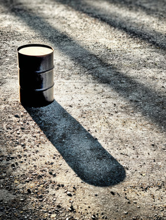 A minimal barrel stands upright, casting a long shadow on a textured gravel ground, highlighting its shape against the subtle contrasts of light.の素材