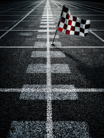 A minimal racing track with a finish line is visible, highlighted by a checkered flag moving dramatically in the air during a vibrant evening race.の素材