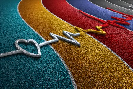 Vibrant running track features a creative infinity symbol intertwined with a heartbeat line, showcasing a unique artistic expression on a sunny day.の素材