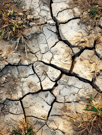 A close-up look at cracked dry soil reveals natural earthy tones and intricate lines formed under drought conditions.の素材