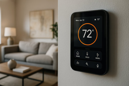 A smart thermostat is mounted on the wall, showing a current temperature of 72 degrees and the date, set in a stylish living room with minimal decor.の素材