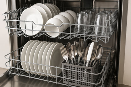 Dishes, glasses, and cutlery are organized in a dishwasher ready for a thorough cleaning after a family dinner in a contemporary kitchen setup.の素材